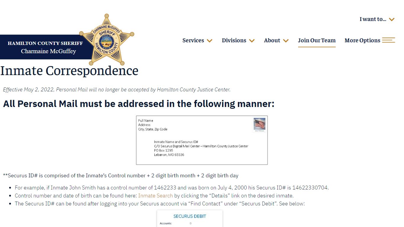 Inmate Correspondence - Hamilton County Sheriff's Office